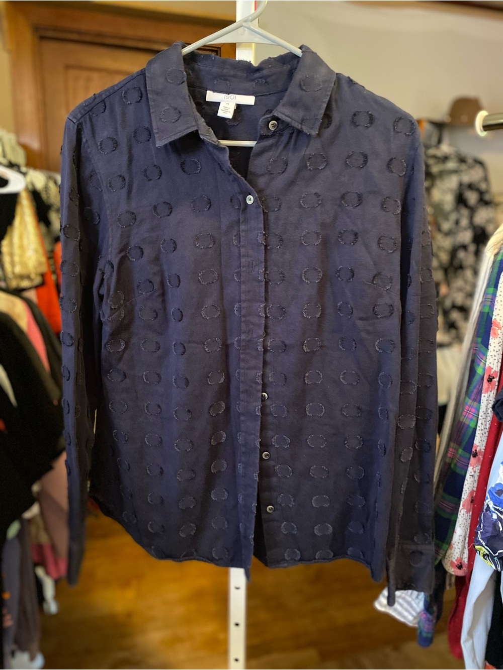 1901 Navy Blue Button-Down Shirt with Textured Circle Pattern - Swiss Dots